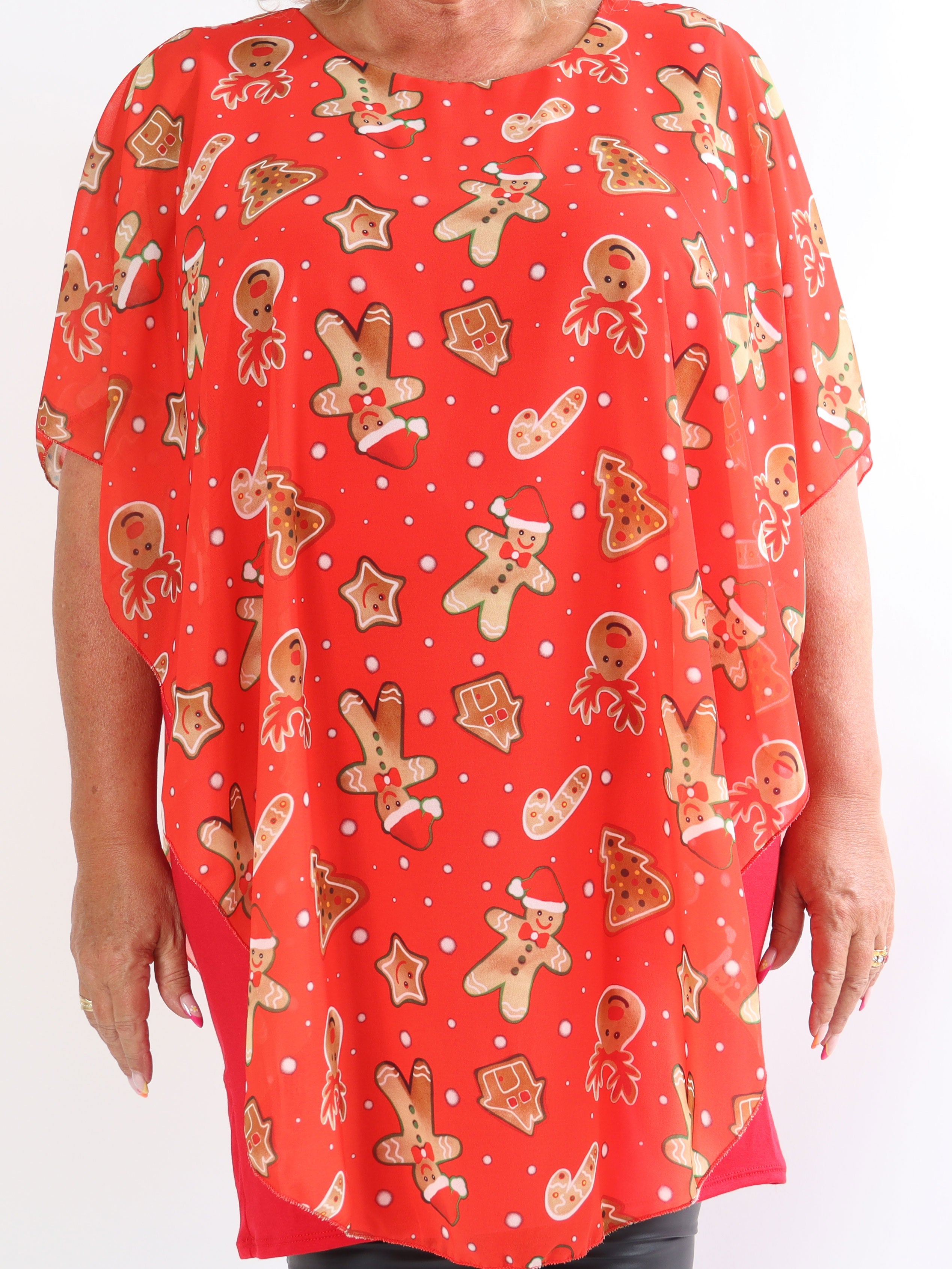 Kenya Gingerbread - Tunikaklänning i plus size med chiffonglager och jultryck
